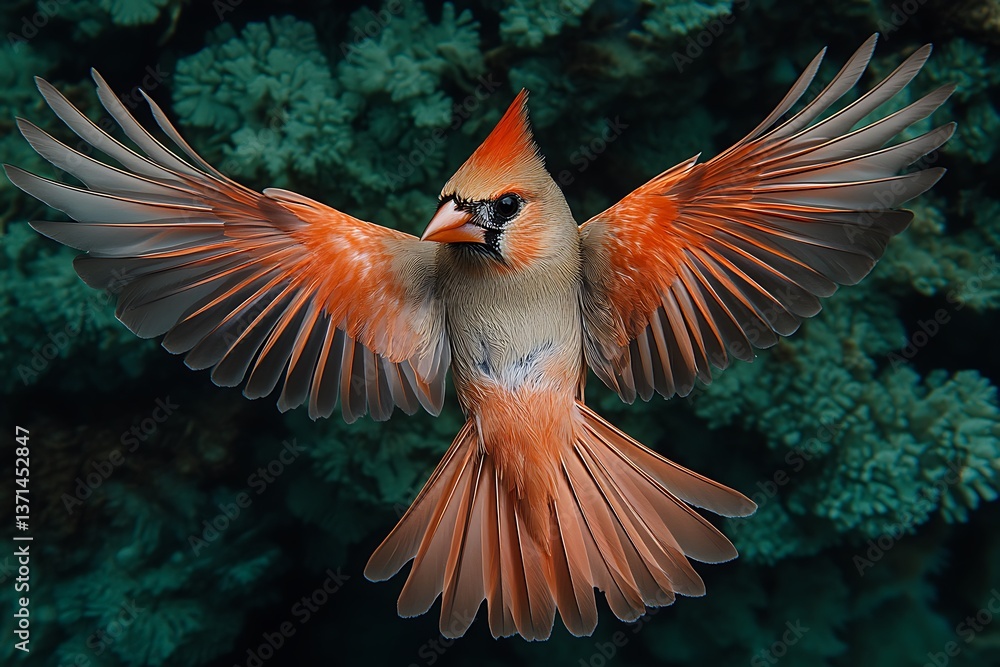 Obraz premium Cardinal in Flight, Teal Background