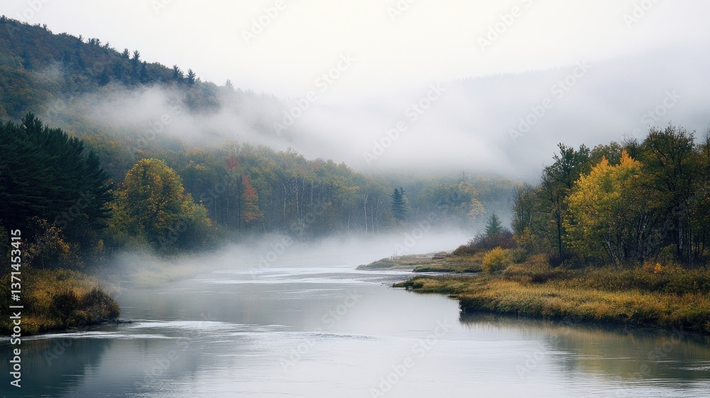 River in the midst of a foggy mountain landscape River in the midst of a foggy mountain landscape