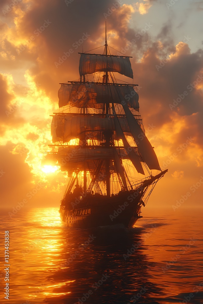 Fototapeta premium Golden Sunset, Sailing Ship, Ocean
