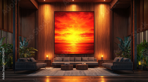 Fiery Sunset Over the Ocean: A Serene Landscape Painting