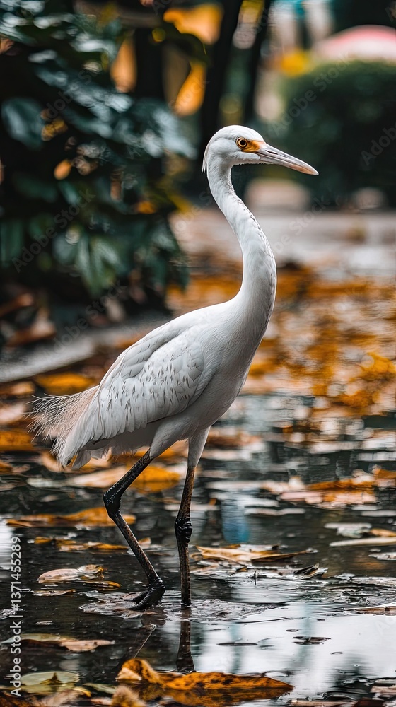 Fototapeta premium White heron wading in a puddle in park