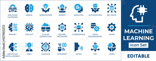 Machine learning icon set featuring AI, neural networks, deep learning, data analytics, pattern recognition, predictive modeling, automation, and smart algorithms.