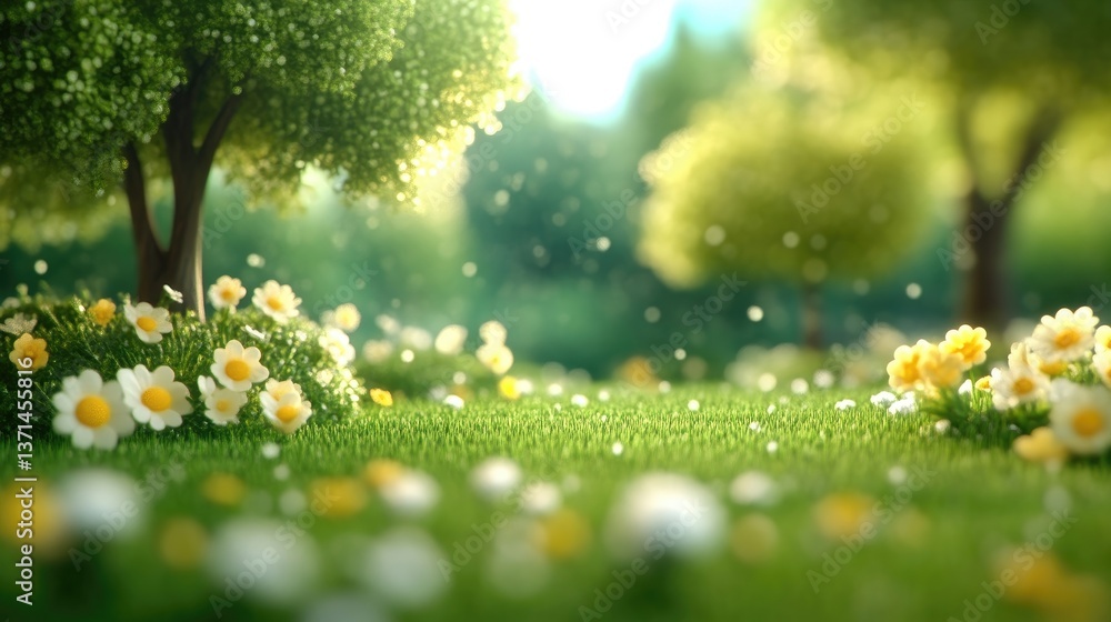 Obraz premium Lush springtime meadow bathed in sunlight. A vibrant, detailed scene featuring a carpet of grass, blossoming flowers, and lush trees. Soft light filters through the foliage,