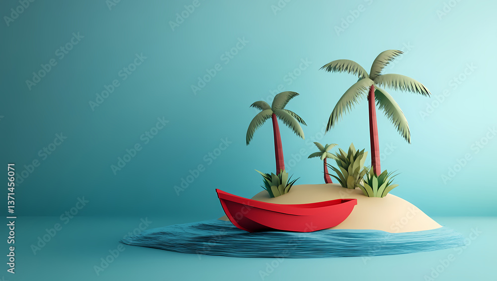 Obraz premium Island Paradise: A whimsical, picturesque island scene featuring a sandy shore, lush palm trees, and a vibrant red boat, evoking a sense of idyllic escape and adventure.