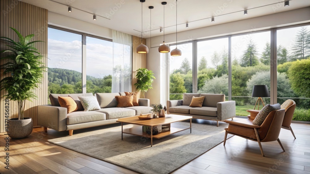 Fototapeta premium Modern Minimalist Living Room Design, Large Windows, Natural Light, Serene Space, High Depth of Field