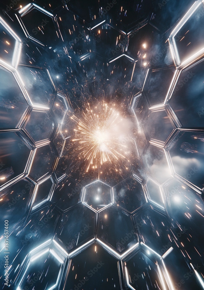 Abstract fireworks, a hexagonal pattern background, light and shadow effects Abstract fireworks, a hexagonal pattern background, light and shadow effects
