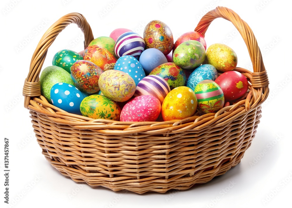 Easter Basket Filled with Colorful Easter Eggs Isolated on White Background – Festive Holiday Decoration, Easter basket filled with Easter Eggs in isolated on a white background Easter Basket Filled with Colorful Easter Eggs Isolated on White Background – Festive Holiday Decoration, Easter basket filled with Easter Eggs in isolated on a white background