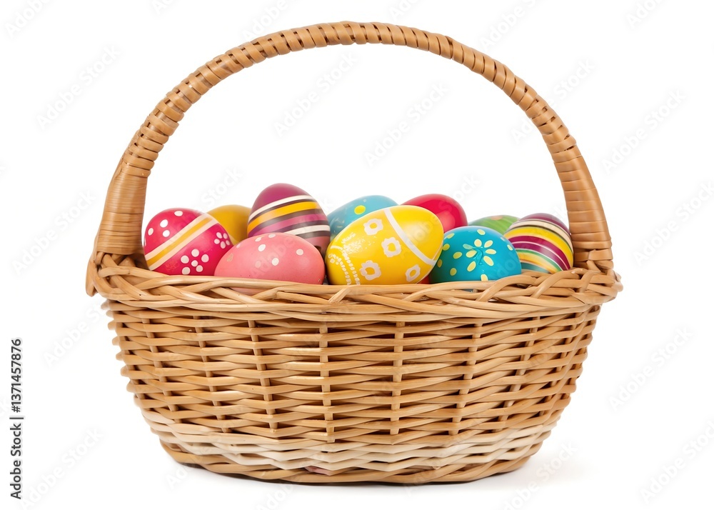 Easter Basket Filled with Colorful Easter Eggs Isolated on White Background – Festive Holiday Decoration, Easter basket filled with Easter Eggs in isolated on a white background Easter Basket Filled with Colorful Easter Eggs Isolated on White Background – Festive Holiday Decoration, Easter basket filled with Easter Eggs in isolated on a white background