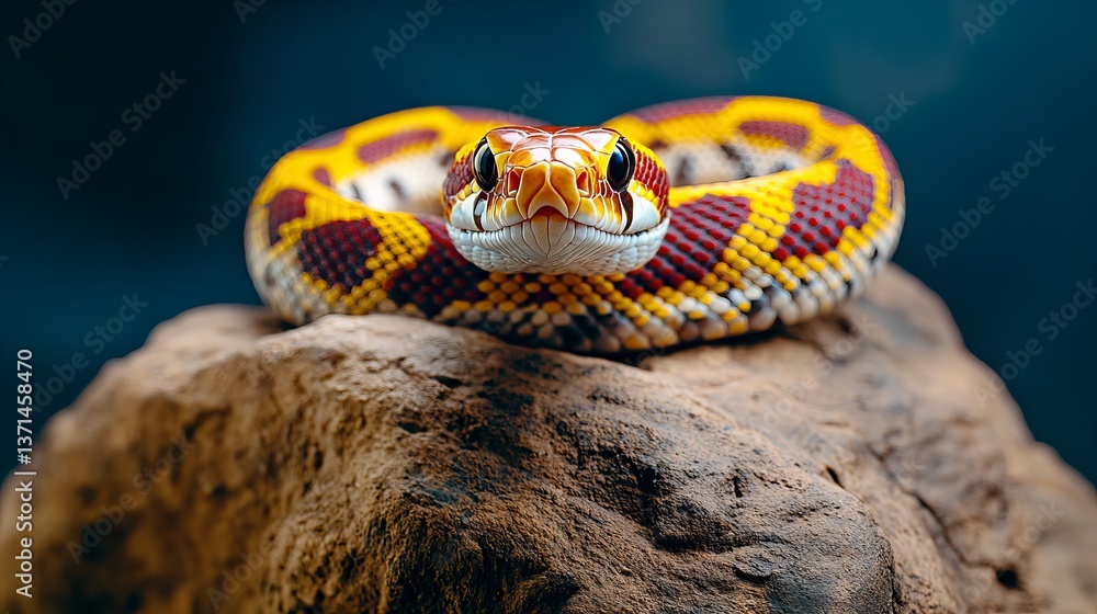 Obraz premium Patterned snake rests coiled atop a textured rock against a dark background, creating a striking contrast.