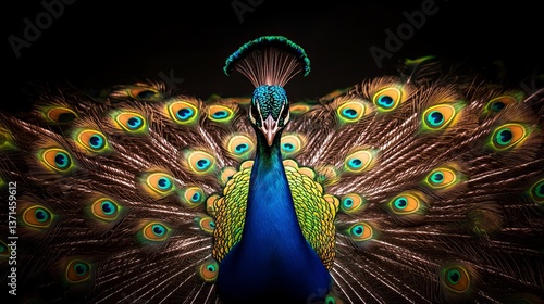 Obraz na płótnie Peacock is displaying vibrant feathers against dark background, showcasing the iridescent patterns of the plumage. w salonie
