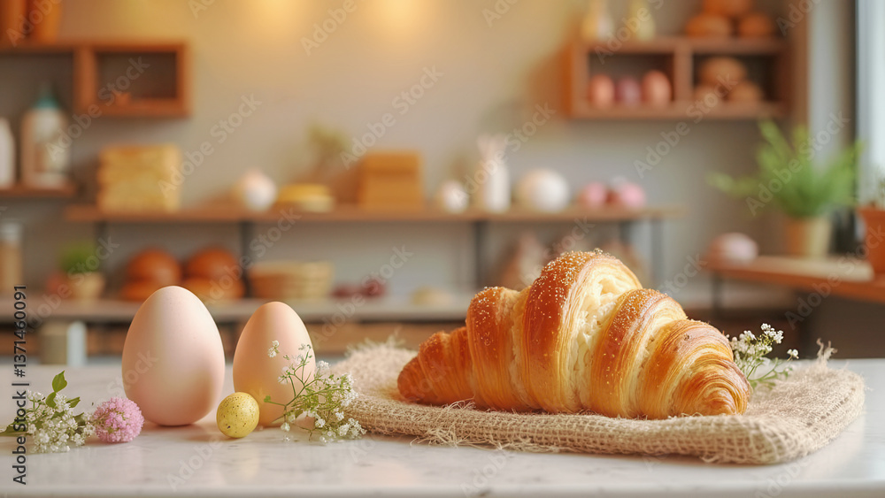 Naklejka premium Croissant and easter eggs in bakery