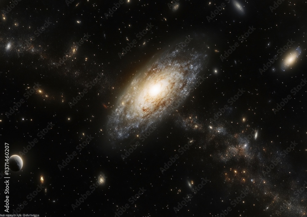Fototapeta premium dwarf galaxy orbiting a larger galaxy where different nebulas, white dwarfs, and pulsars can be observed