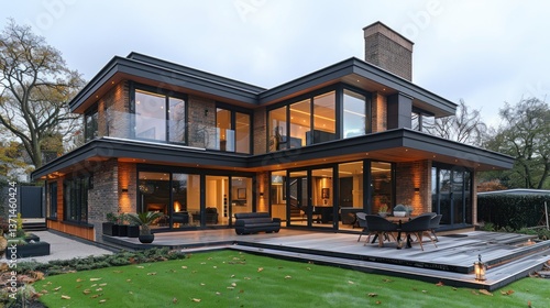 Wallpaper Mural Modern luxury home exterior at dusk with patio and garden Torontodigital.ca