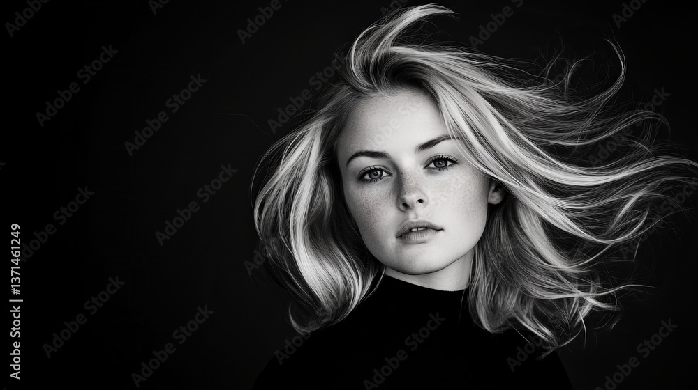 Portrait of a woman with blonde hair blowing is set against a stark black background, highlighting her facial features. Portrait of a woman with blonde hair blowing is set against a stark black background, highlighting her facial features.