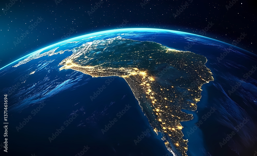 Obraz premium Nighttime Glimpses of South America from Space: Capturing the enchanting image of South America at night, a tapestry of city lights sparkles against the backdrop of space.