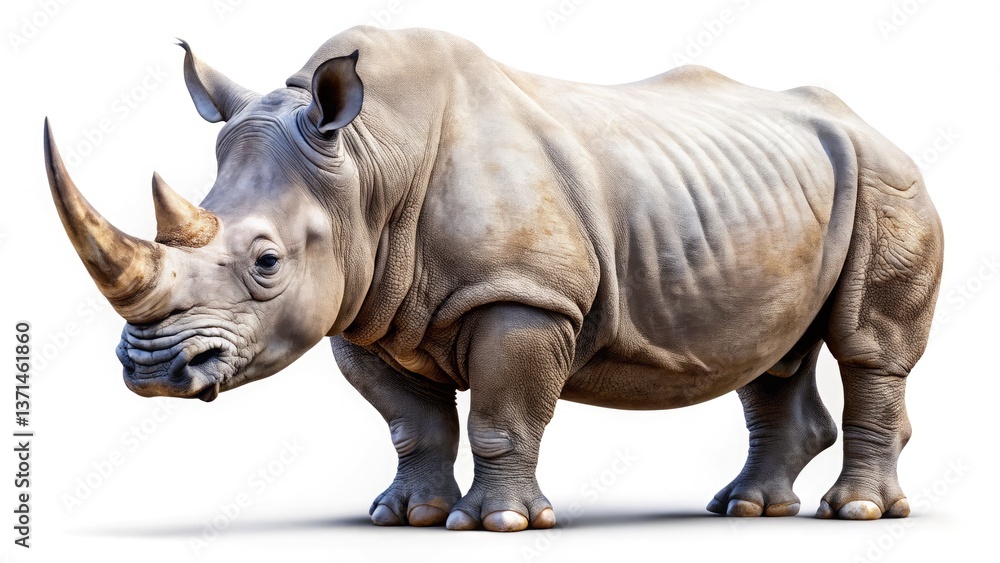 Fototapeta premium Majestic Rhino, Tilt-Shift Photography, White Background, Wildlife Photo, Powerful Rhinoceros, Realistic Animal Image