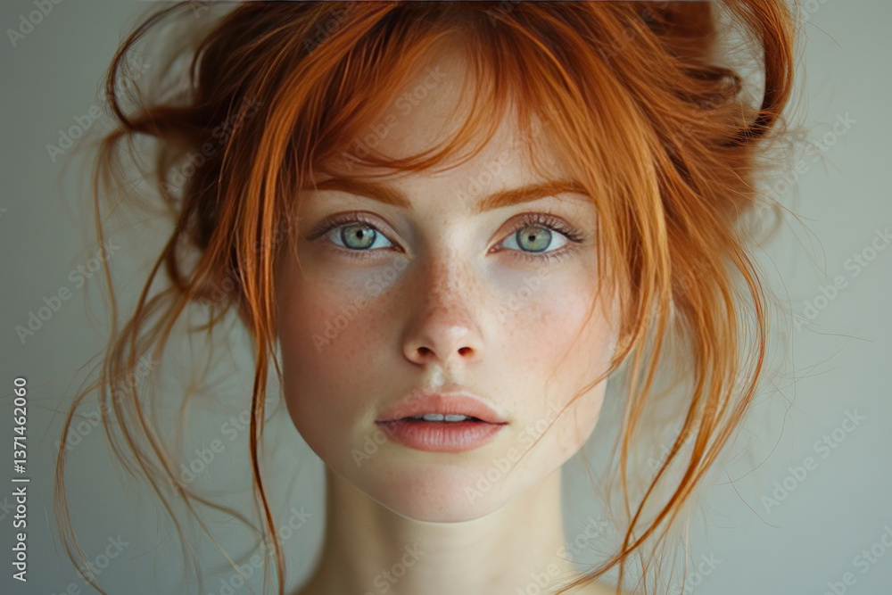 portrait of a girl with bright red hair, green eyes and lots of freckles. Her gaze is direct, calm and a little thoughtful. portrait of a girl with bright red hair, green eyes and lots of freckles. Her gaze is direct, calm and a little thoughtful.