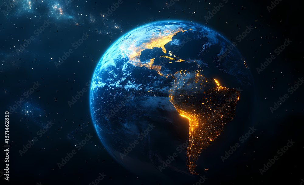Obraz premium Planet Earth: A breathtaking view of Planet Earth, showcasing the intricate details of continents with city lights shining in the darkness.