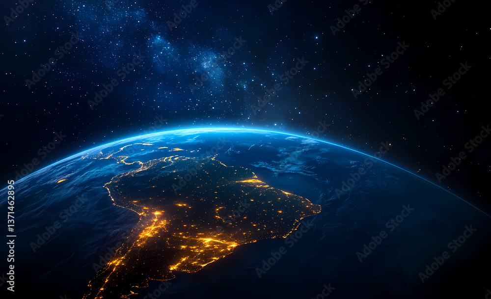 Obraz premium Earth's Embrace: A breathtaking view of planet Earth from space, illuminating the continents with city lights against a backdrop of a starlit cosmos, representing our home.