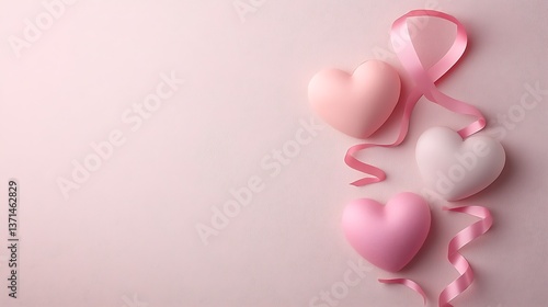 Pink hearts and ribbon arrangement on a soft pink background