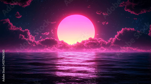 Pink Sunset over Ocean: Night Sky, Clouds, and Stars