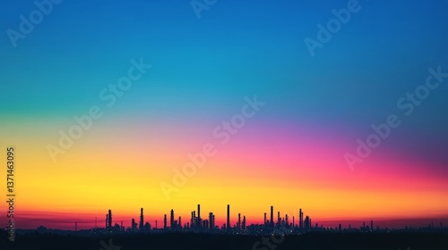Sunset Refinery Silhouette: Colorful Horizon Over Industrial Complex 