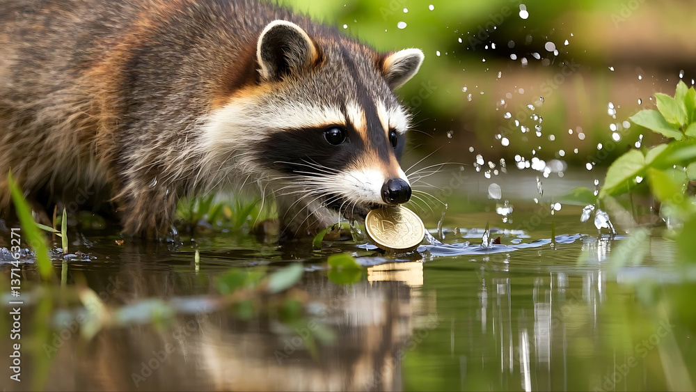 Raccoon holding a coin in its mouth while standing in water, with splashes and green foliage around. Raccoon holding a coin in its mouth while standing in water, with splashes and green foliage around.
