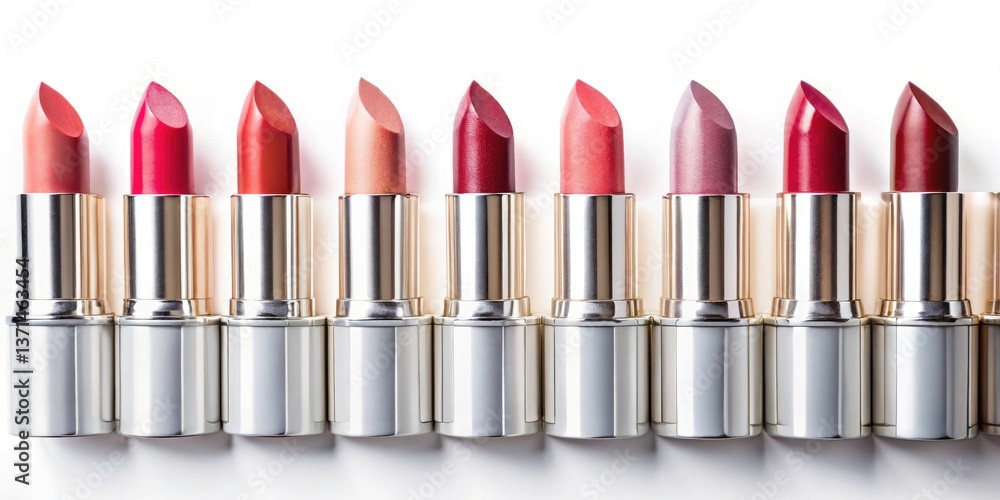 Obraz premium Minimalist Lipstick Photography: White Brush & Colorful Lipsticks - Beauty Product Image