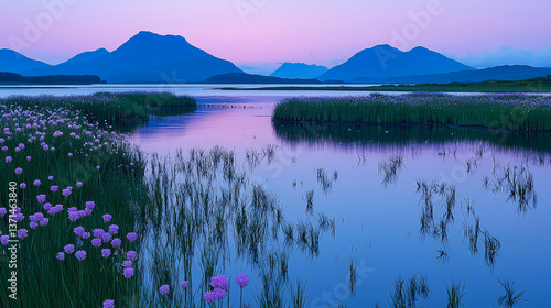 Purple Sunset Landscape: Serene Lake with Mountain Views