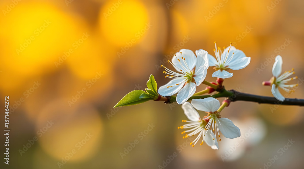 Obraz premium Delicate White Flowers with Yellow Stamens on a Green Branch