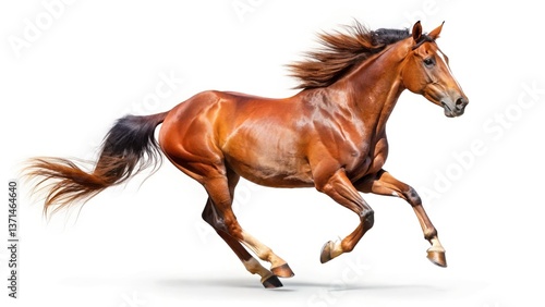 Running Brown Horse  Isolated White Background - Equestrian Photography Stock Image