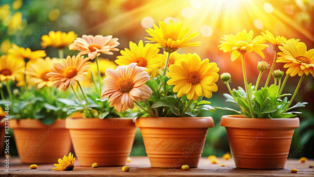 Bright yellow daisies bloom in terracotta pots, creating cheerful garden scene. warm sunlight enhances vibrant colors, inviting sense of tranquility and joy
Bright yellow daisies bloom in terracotta pots, creating cheerful garden scene. warm sunlight enhances vibrant colors, inviting sense of tranquility and joy