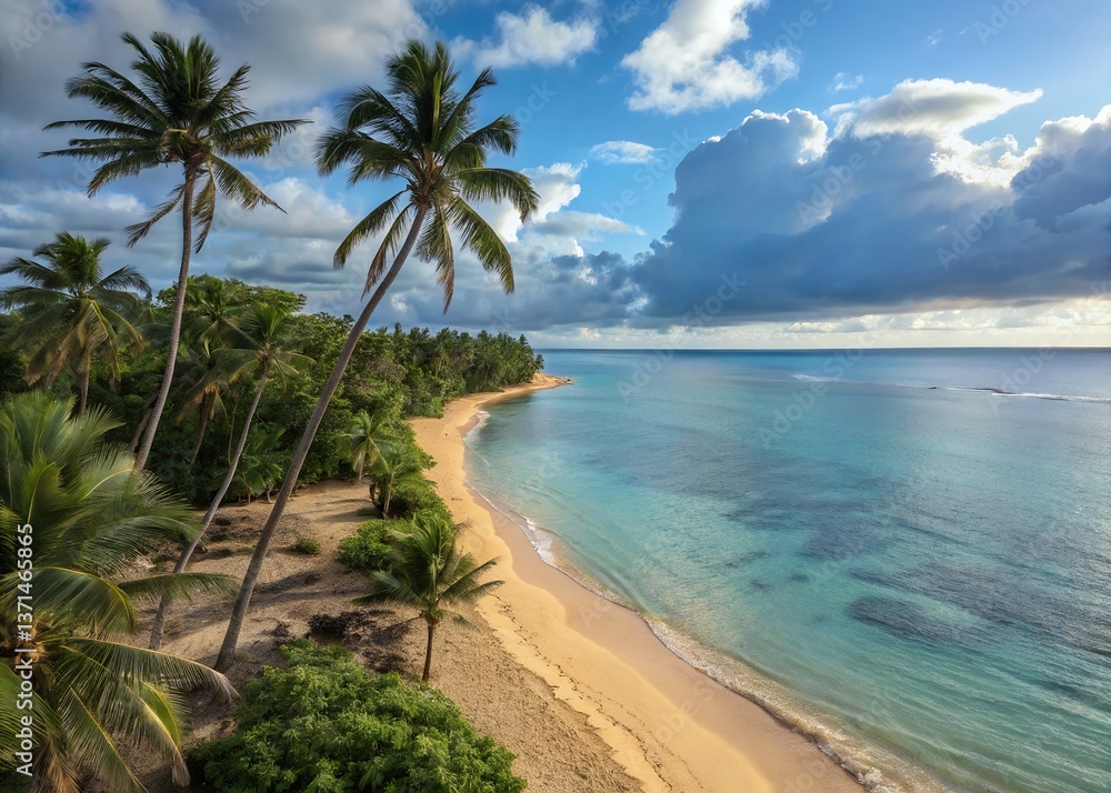 Tranquil paradise: Lush palms embracing a pristine beach under a dramatic sky, turquoise waters glistening in the sun. Tranquil paradise: Lush palms embracing a pristine beach under a dramatic sky, turquoise waters glistening in the sun.