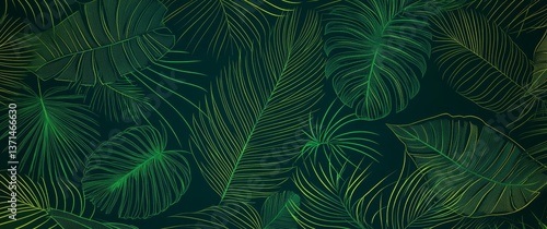 Minimalist line art with a seamless green pattern on a dark green background, featuring stylized palm leaves.
