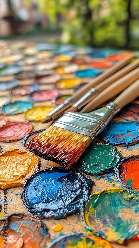 Obraz premium Colorful paintbrushes on palette outdoors