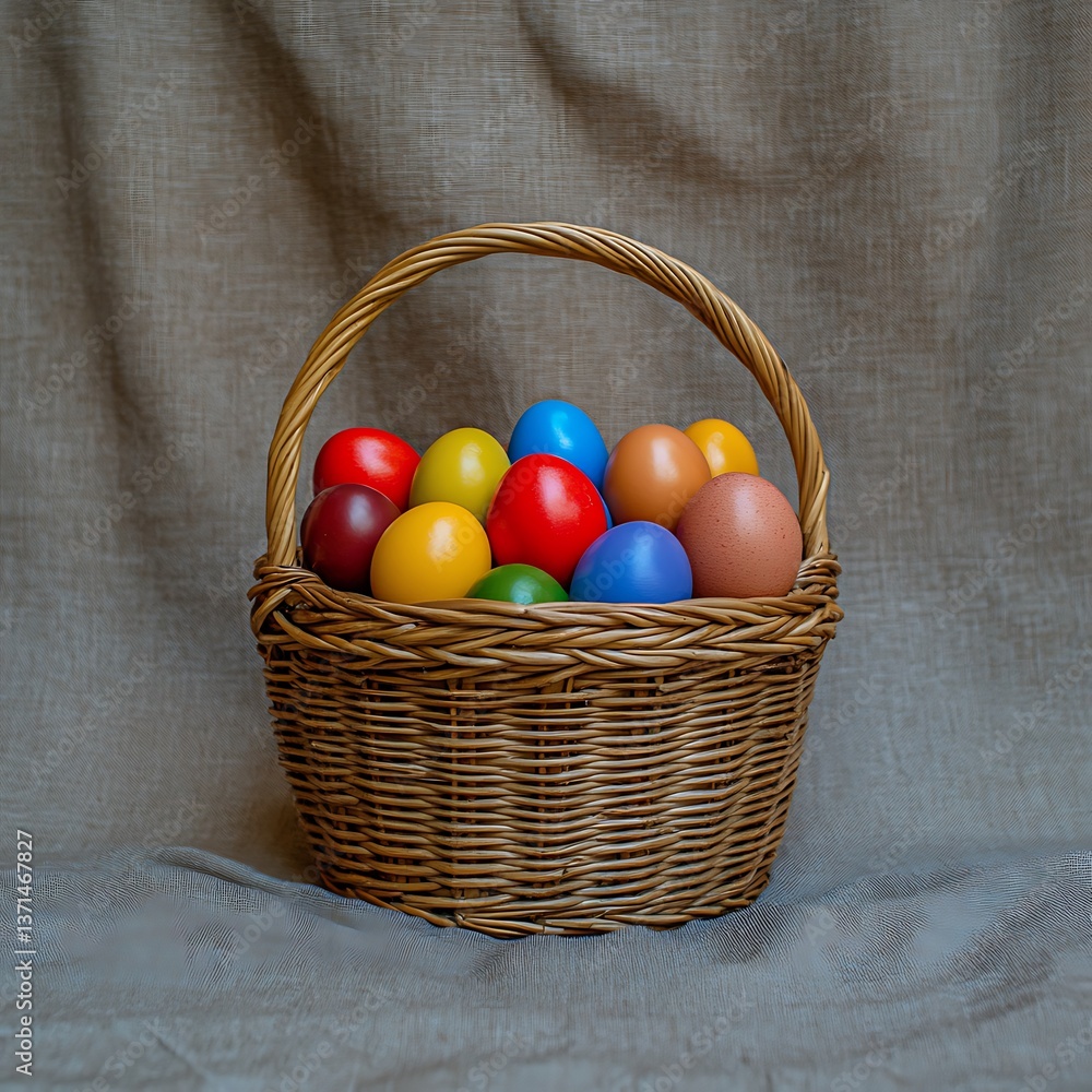 Colorful Easter eggs in wicker basket Colorful Easter eggs in wicker basket