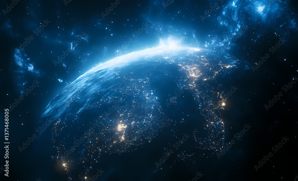 Fototapeta premium Global Serenity: A luminous blue planet floats serenely in the vast expanse of space, radiating an ethereal glow, evoking a sense of wonder and the interconnectedness of all things. 