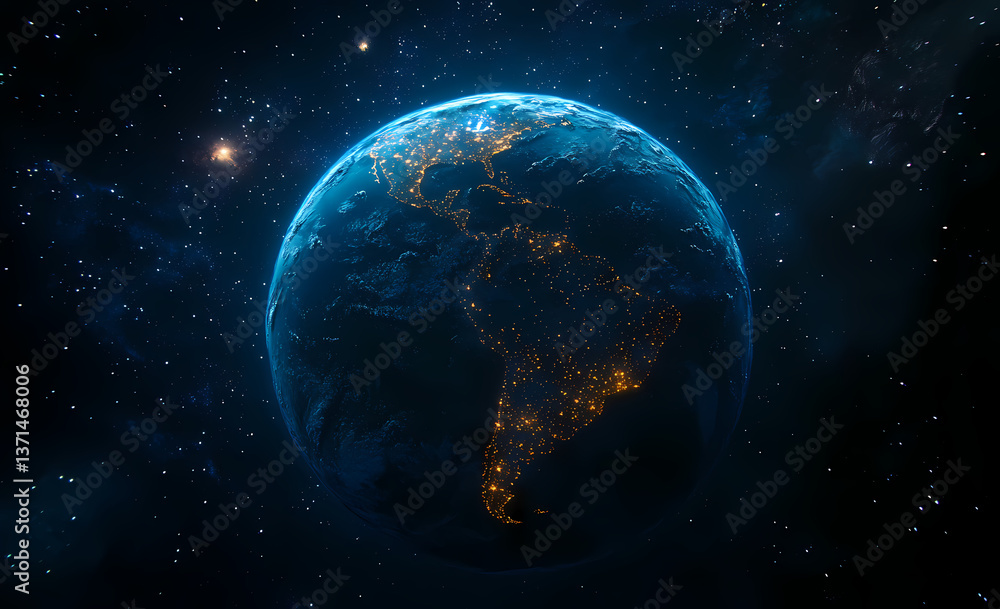 Obraz premium Cosmic Embrace: A celestial view of Earth bathed in the deep blues of space, with the glittering lights of cities adorning its surface, set against a backdrop of stars. 