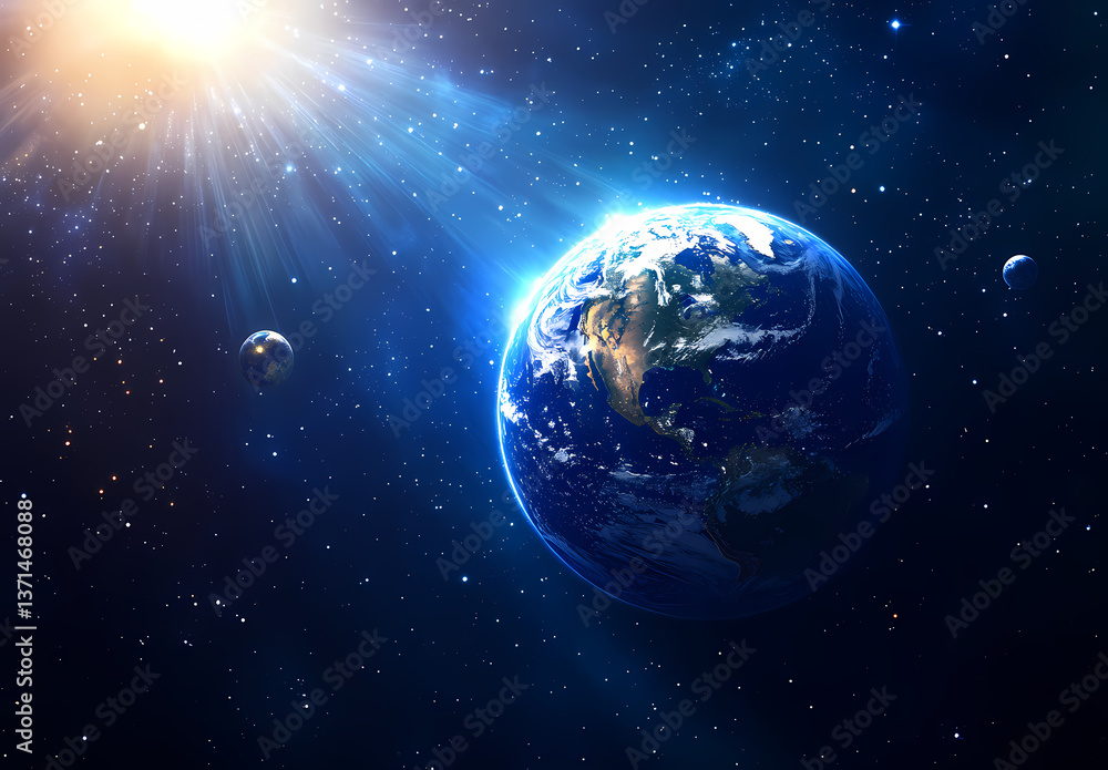 Obraz premium The Earth in Space: An awe-inspiring image showcasing the planet Earth from the vastness of space, with the sun radiating beams, surrounded by celestial bodies.