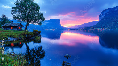 Sunset Serenity: Lakeside Cabin nestled in majestic mountains