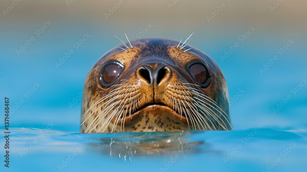 Fototapeta premium Seal is swimming in clear blue water looking directly toward the camera with its head above the surface.