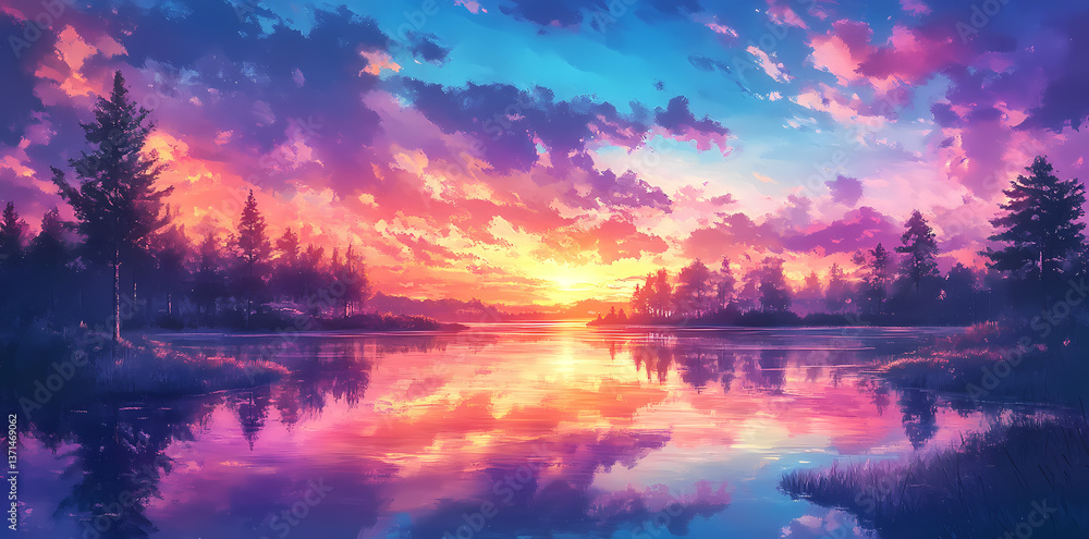 Obraz premium Sunset Symphony: A breathtaking digital artwork showcases a vibrant sunset reflected in a tranquil lake, surrounded by silhouetted trees, painting a picture of serenity and natural beauty.