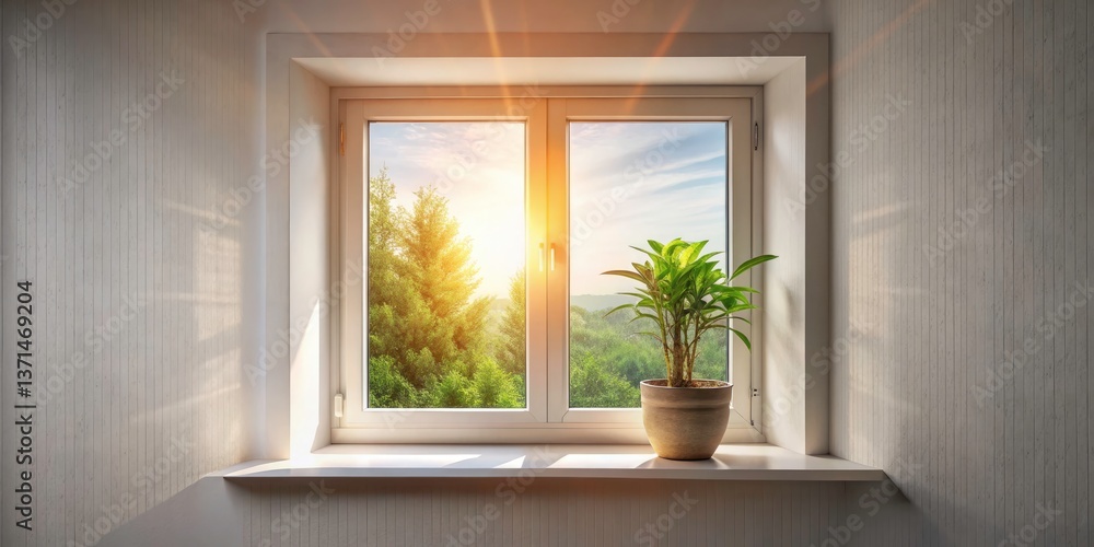 Fototapeta premium Sunlit Window Plant Portrait Photography - Warm Golden Light, Indoor Plants, Cozy Home