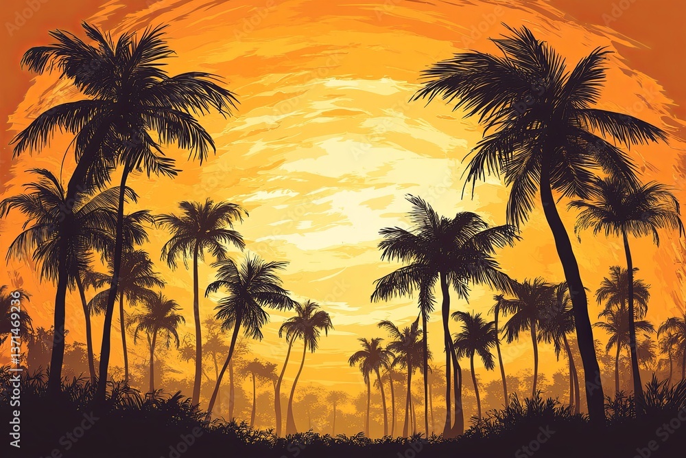 An orange sky behind silhouetted palm trees creates a beautiful scene An orange sky behind silhouetted palm trees creates a beautiful scene