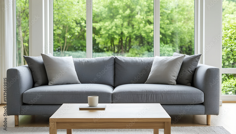 Fototapeta premium Stylish Gray Sofa and Wooden Table in Cozy Living Room