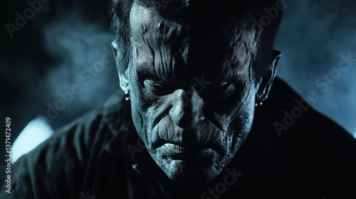 Intense horror creature with glowing eyes and cracked skin in moody dark lighting