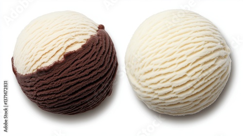 Two scoops of ice cream: vanilla and chocolate, isolated on white background