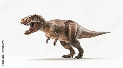 Light brown-toned Tyrannosaurus Rex in realistic pose with open mouth, isolated on white background