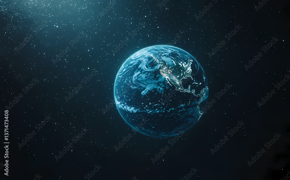 Naklejka premium Celestial Sphere: The radiant Earth, our home, majestically floats in the vastness of space, surrounded by a myriad of stars, offering a sense of wonder and perspective.