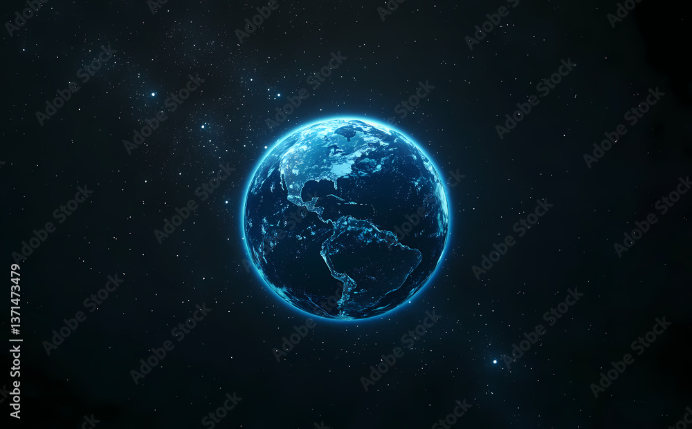 Digital Earth: A mesmerizing digital rendering of Earth as viewed from space, with vibrant blue continents shimmering against a dark cosmic backdrop filled with stars. Digital Earth: A mesmerizing digital rendering of Earth as viewed from space, with vibrant blue continents shimmering against a dark cosmic backdrop filled with stars.